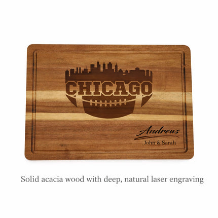 Chicago football cutting board on white background with custom name engraving, solid acacia wood with deep natural laser engraving