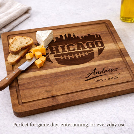 Chicago football cutting board styled with cheese and bread on kitchen counter, personalized acacia wood board for entertaining
