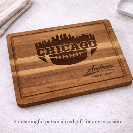 Chicago football cutting board shown as a personalized gift, solid acacia wood with laser engraved skyline and custom name