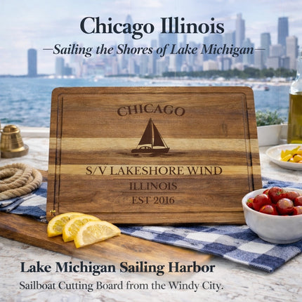 Chicago Illinois sailboat cutting board displayed in coastal kitchen decor setting with fresh ingredients personalized nautical gift