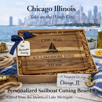 Personalized Chicago Illinois sailboat cutting board gift for Bennett family in nautical themed packaging perfect for sailors boat owners and coastal homes