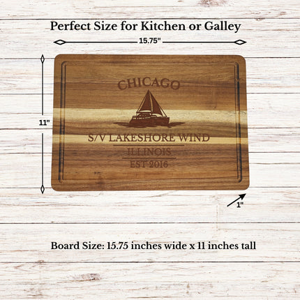 Chicago Illinois personalized sailboat cutting board used for food prep and serving in coastal kitchen setting showing size and proportions