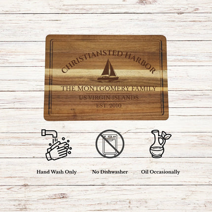 Christiansted Harbor US Virgin Islands cutting board care instructions showing how to clean oil and maintain acacia wood for long lasting use