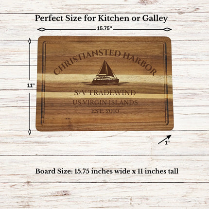 Christiansted Harbor US Virgin Islands sailboat cutting board dimensions and features including size thickness juice groove and edge detail