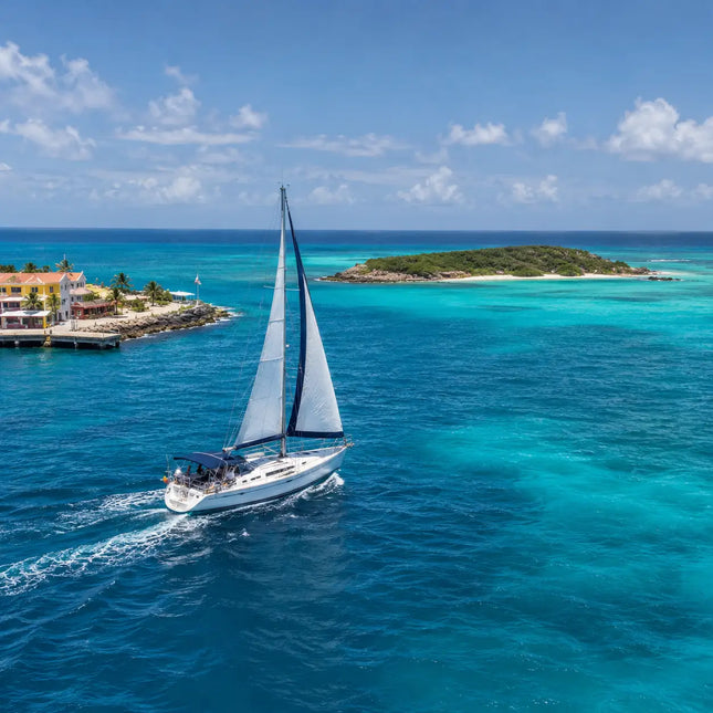Sailboat departing Christiansted Harbor toward Buck Island National Monument across the crystal-clear turquoise waters of St. Croix, U.S. Virgin Islands.