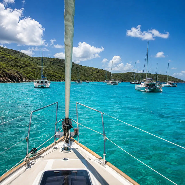 Captain's-eye view entering Christmas Cove aboard a cruising sailboat in the U.S. Virgin Islands.