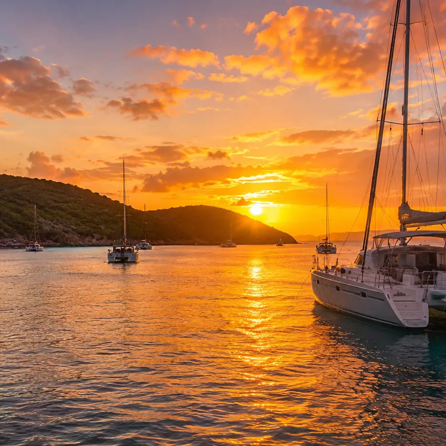 Sunset over anchored sailboats and catamarans in the peaceful waters of Christmas Cove.