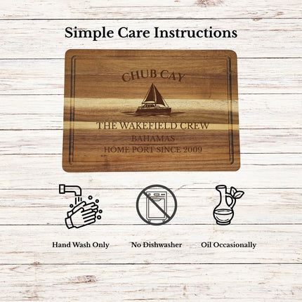 Chub Cay Bahamas cutting board care instructions showing how to clean oil and maintain acacia wood for long lasting use
