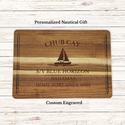 Chub Cay Bahamas sailboat cutting board personalized with Blue Meridian boat name nautical gift