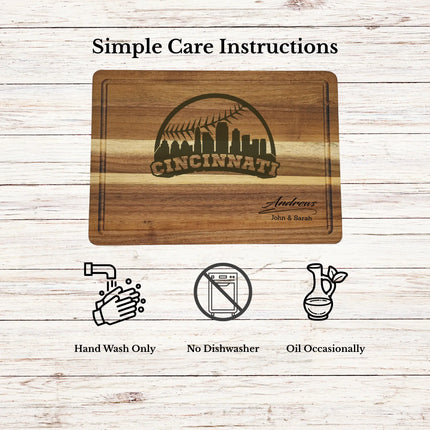 Care instructions for acacia wood cutting board showing cleaning oiling and maintenance for long lasting use