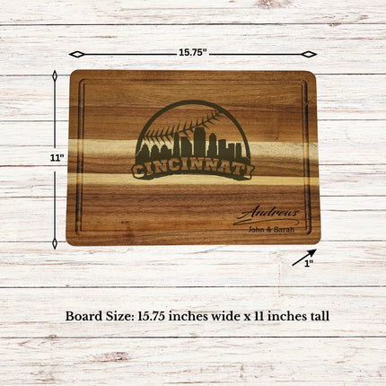 Cincinnati baseball cutting board dimensions showing size thickness and juice groove details on acacia wood board