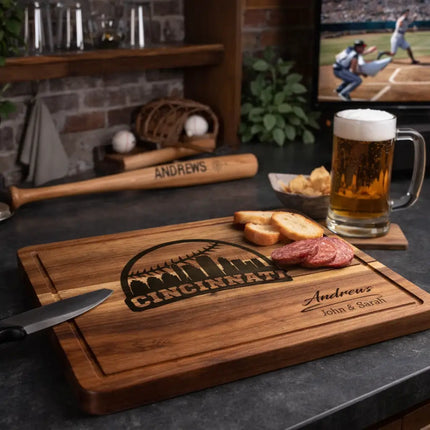 Cincinnati baseball cutting board displayed in kitchen or sports themed space with food and game day setup