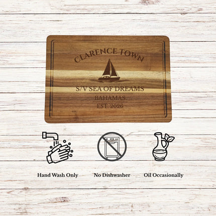 Clarence Town Bahamas cutting board care instructions showing how to clean oil and maintain acacia wood for long lasting use