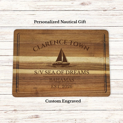 Clarence Town Bahamas sailboat cutting board personalized with Bluewater boat name nautical gift