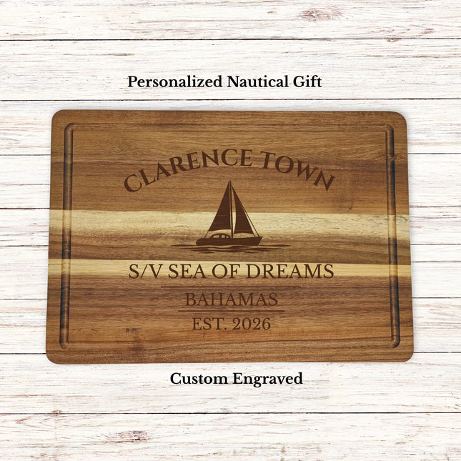 Clarence Town Bahamas sailboat cutting board personalized with Bluewater boat name nautical gift