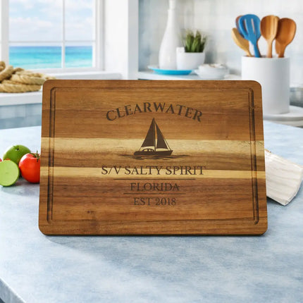 clearwater florida sailboat cutting board styled in coastal kitchen setting gulf coast nautical home decor