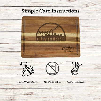 Care instructions for acacia wood cutting board showing cleaning oiling and maintenance for long lasting use