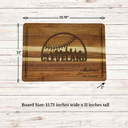 Cleveland baseball cutting board dimensions showing size thickness and juice groove details on acacia wood board