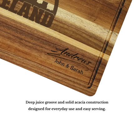 Acacia wood cutting board with deep juice groove and thick construction showing quality craftsmanship and durability