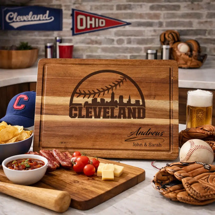 Cleveland baseball cutting board displayed in kitchen or sports themed mancave with food and game day setup