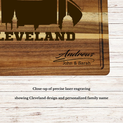 Close-up of Cleveland football cutting board engraving showing skyline design and personalized family name