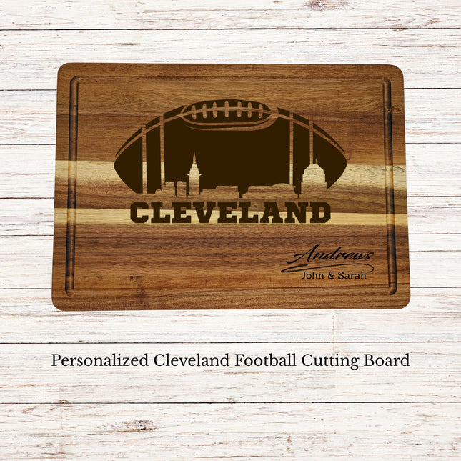 Personalized Cleveland football cutting board laser engraved on acacia wood with football skyline design and custom family name