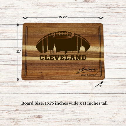Personalized Cleveland football cutting board showing board dimensions of 15.75 inches wide by 11 inches tall