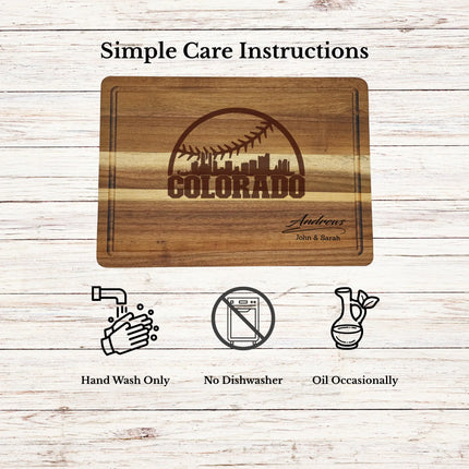 Care instructions for acacia wood cutting board showing cleaning oiling and maintenance for long lasting use