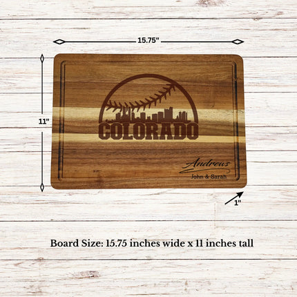 Colorado baseball cutting board dimensions showing size thickness and juice groove details on acacia wood board