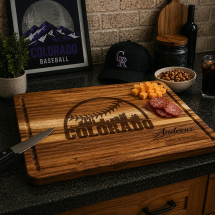 Colorado baseball cutting board displayed in rustic kitchen or sports themed mountain style space with food and game day setup