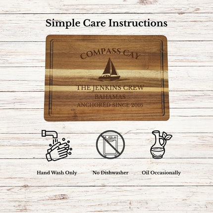 Compass Cay Bahamas cutting board care instructions showing how to clean oil and maintain acacia wood for long lasting use