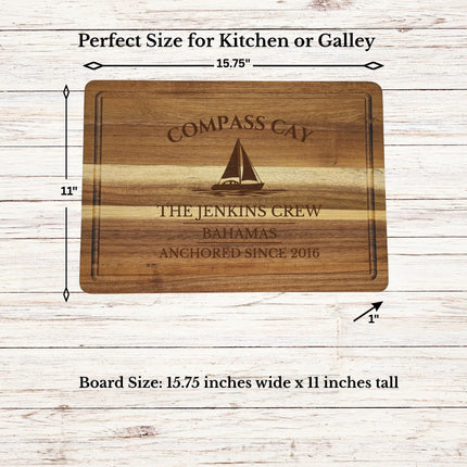 Compass Cay Bahamas sailboat cutting board dimensions and features including size thickness juice groove and edge detail
