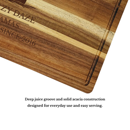Compass Cay Bahamas cutting board juice groove and craftsmanship showing solid acacia wood quality and durability