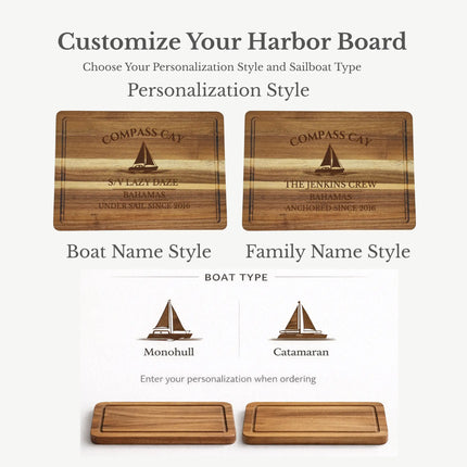 Compass Cay Bahamas cutting board personalization options showing custom boat name family name established year and sailboat engraving styles