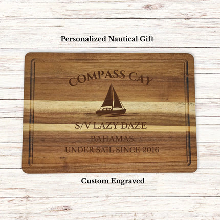 Compass Cay Bahamas sailboat cutting board personalized with Sea Glass boat name nautical gift