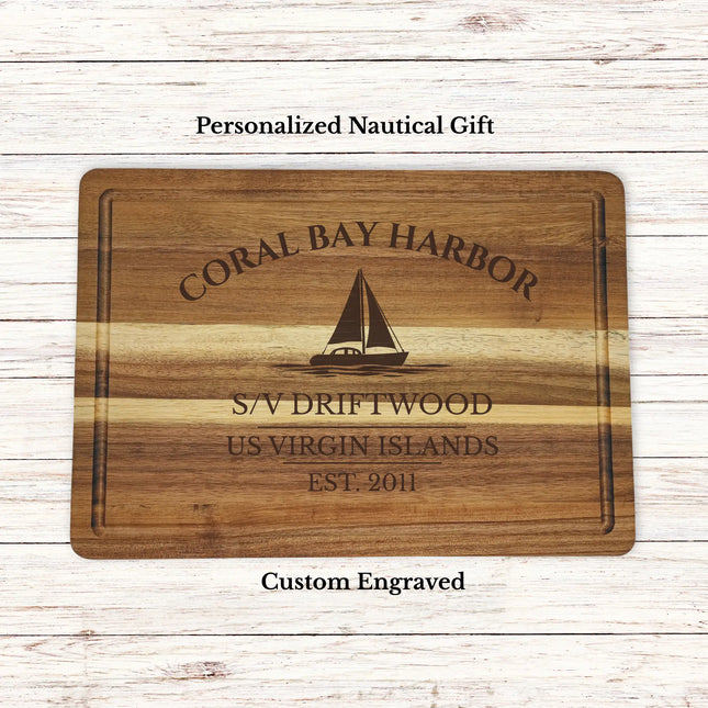 Coral Bay Harbor US Virgin Islands sailboat cutting board personalized with Driftwood boat name nautical gift