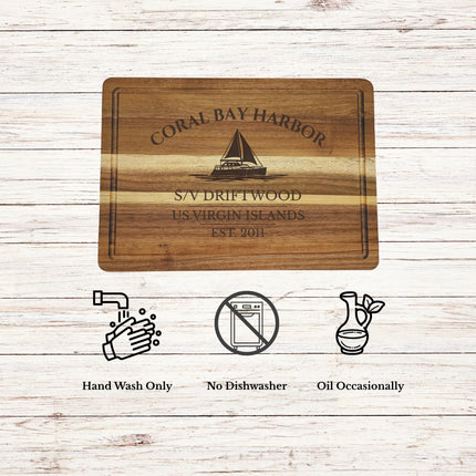 Coral Bay Harbor US Virgin Islands cutting board care instructions showing how to clean oil and maintain acacia wood for long lasting use
