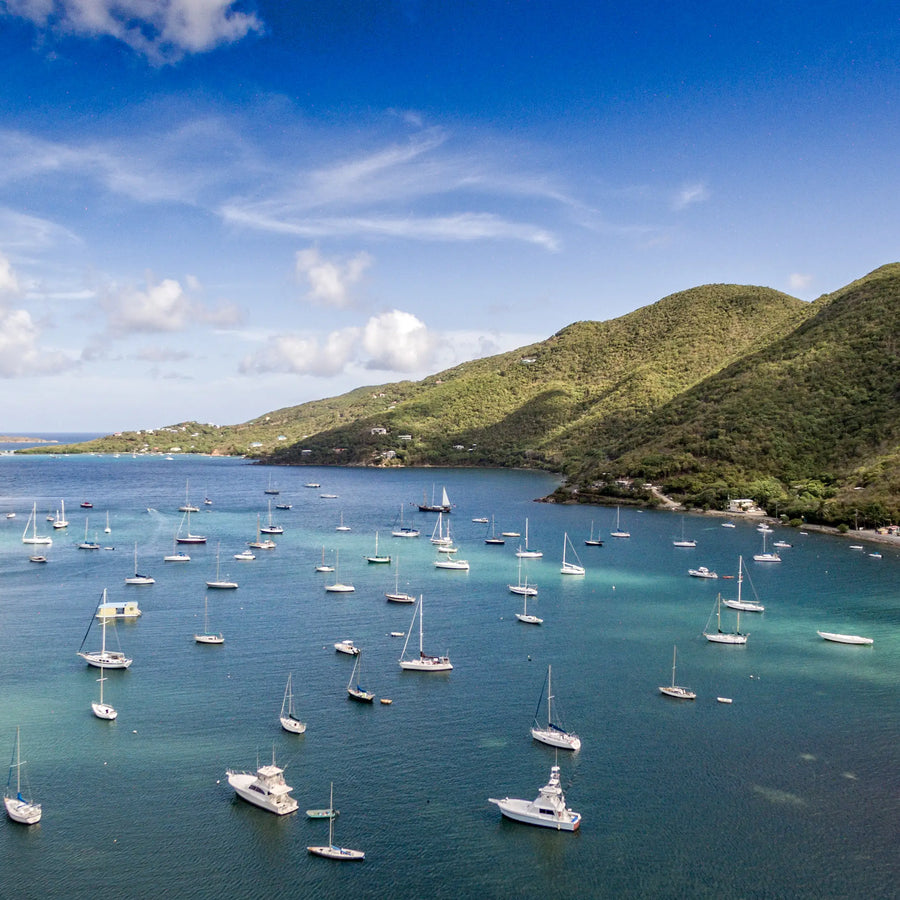 Sailboats anchored throughout Coral Bay Harbor in St. John, U.S. Virgin Islands, surrounded by lush green hills and protected Caribbean waters.