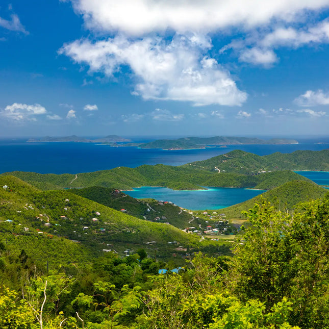 Panoramic overlook of Coral Bay and Hurricane Hole in St. John, U.S. Virgin Islands, with turquoise bays, lush green hills, and the surrounding Virgin Islands.