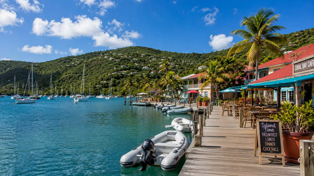 Relaxed waterfront in Coral Bay, St. John, U.S. Virgin Islands, featuring colorful Caribbean buildings, cafés, dinghies, palm trees, and anchored sailboats along the harbor.