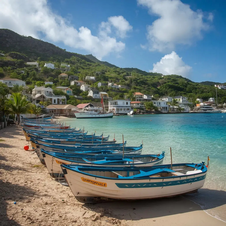 Traditional fishing boats resting along the shoreline at Corossol Harbor in St. Barths, reflecting the village's maritime heritage and working waterfront culture.