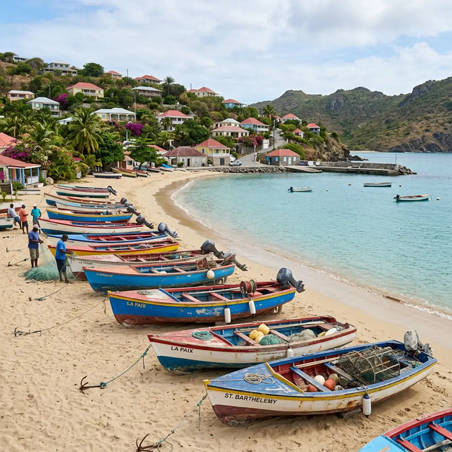 Traditional fishing boats lined along the beach at Corossol Harbor in St. Barths, reflecting the village's maritime heritage and working waterfront culture.