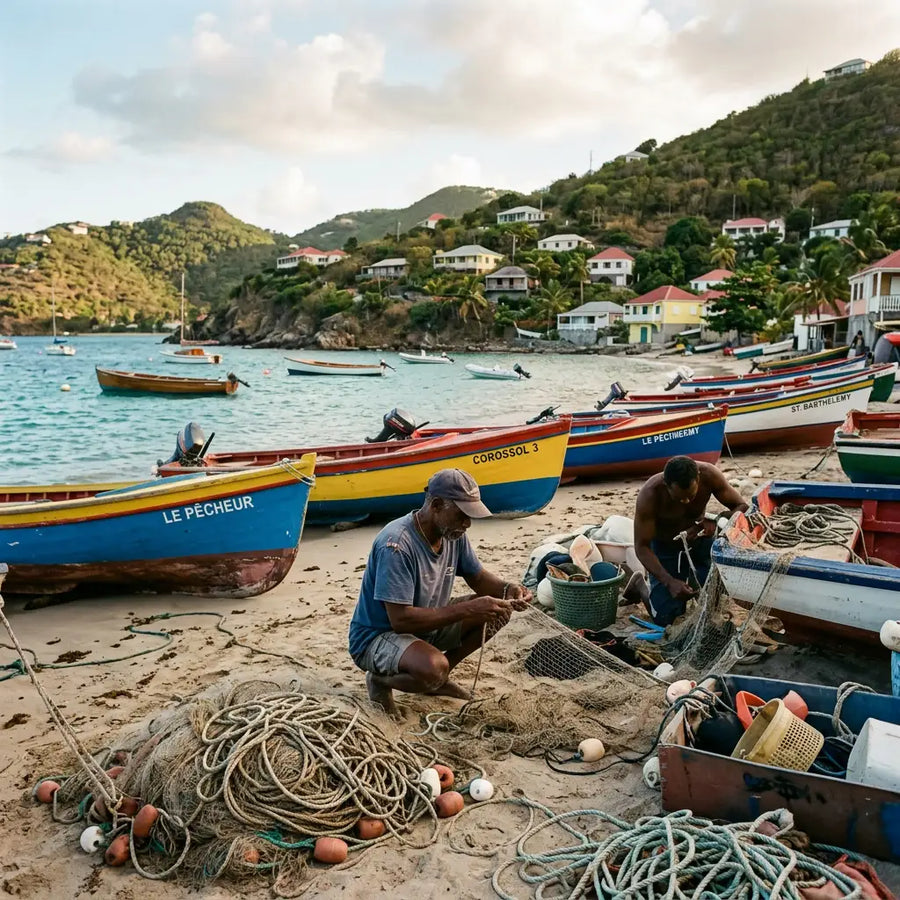 Fishing boats, nets, and traditional waterfront activity at Corossol Harbor in St. Barths, highlighting the island's long-standing maritime and fishing traditions.