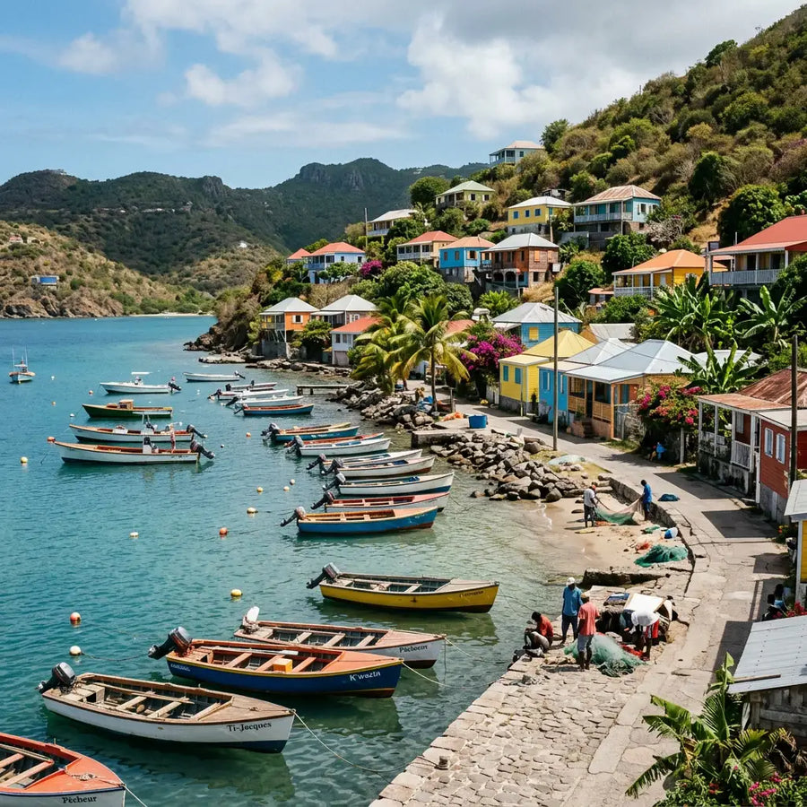 Colorful hillside homes and waterfront buildings overlooking Corossol Harbor in St. Barths, showcasing the village's authentic Caribbean character and maritime setting.
