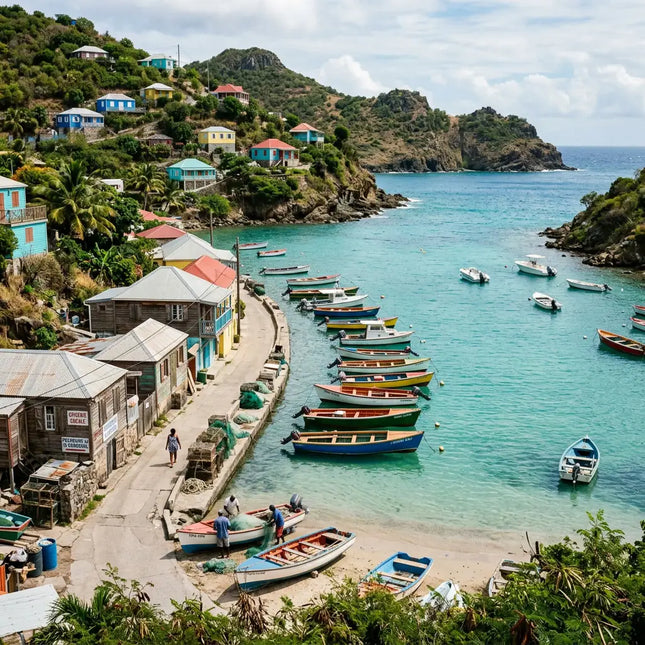 Traditional waterfront village at Corossol Harbor in St. Barths featuring colorful hillside homes, fishing boats, and authentic Caribbean maritime culture.