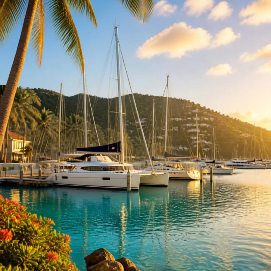 Peaceful evening at Crown Bay Marina with sailboats, calm Caribbean water, and tropical scenery on St. Thomas.