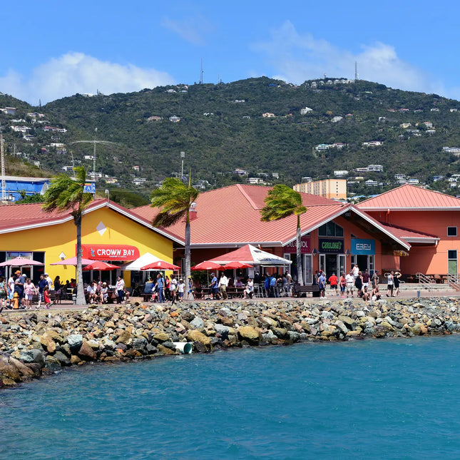 Waterfront shops, restaurants, and marina facilities at Crown Bay Harbor on St. Thomas in the U.S. Virgin Islands.