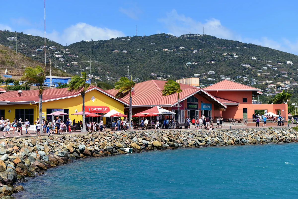 Waterfront shops, restaurants, and marina facilities at Crown Bay Harbor on St. Thomas in the U.S. Virgin Islands.