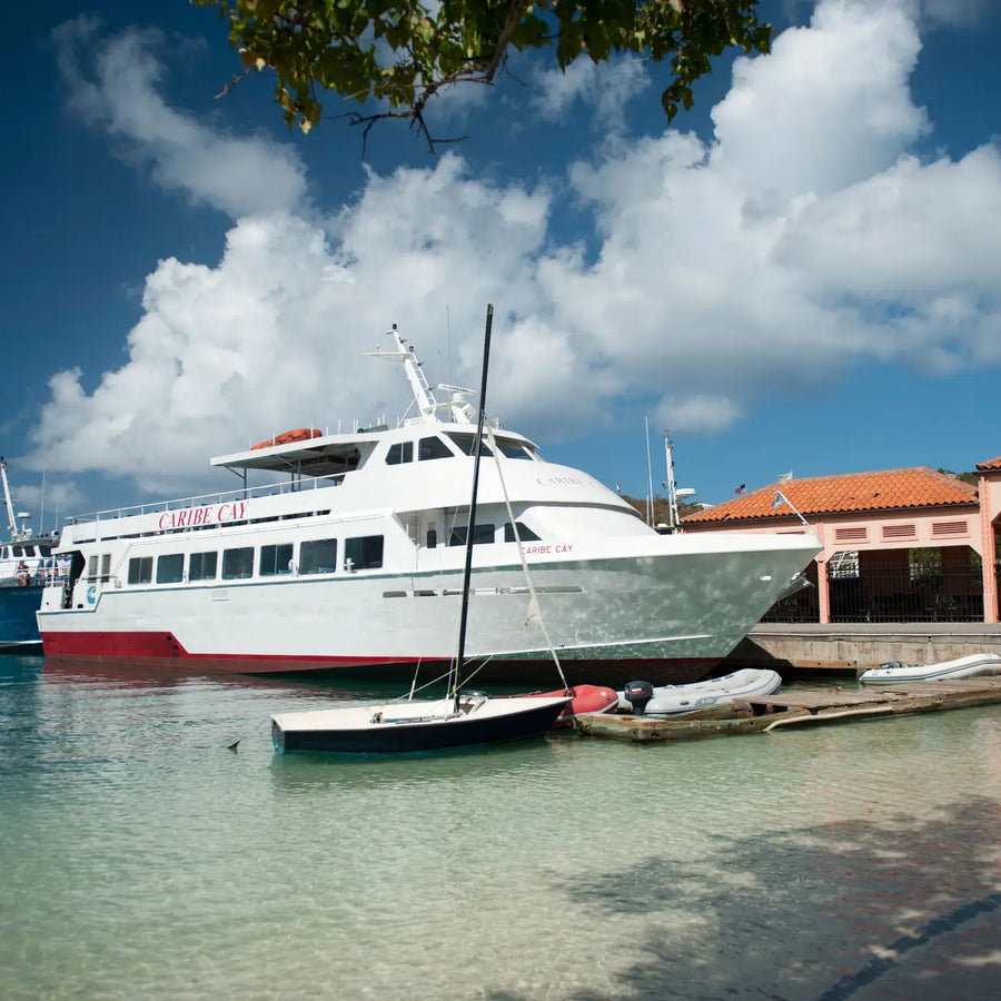 Ferry dock in Cruz Bay, St. John, U.S. Virgin Islands, serving visitors and cruisers arriving at one of the Caribbean's most popular sailing destinations.