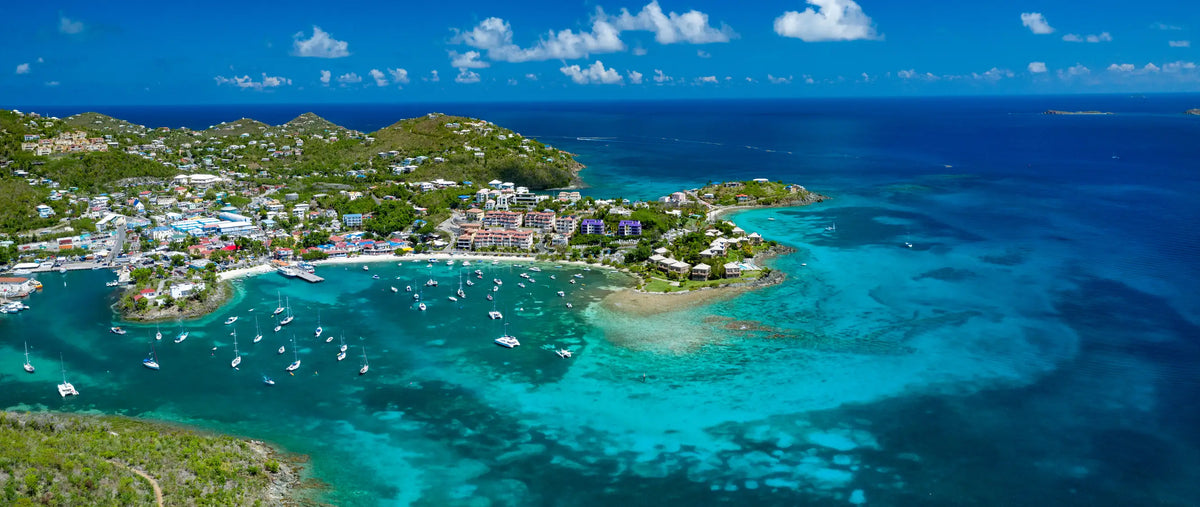 Elevated view overlooking Cruz Bay Harbor in St. John, U.S. Virgin Islands, with sailboats anchored in the protected bay beneath lush tropical hills.